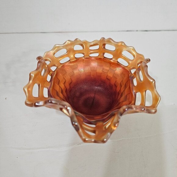Fenton Carnival Glass Pink Marigold Reticulated Candy Bowl (Basket Weave) - Picture 1 of 6